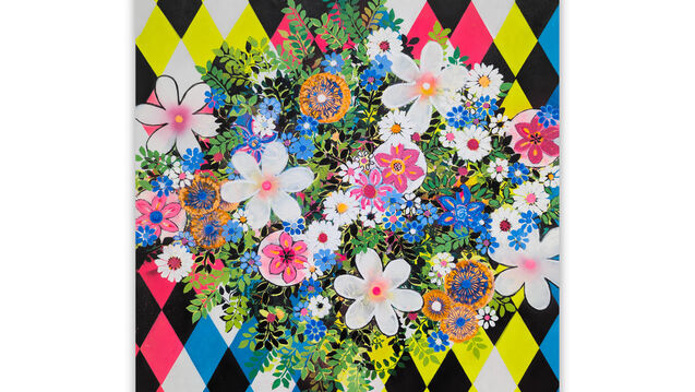 Flowers against an abstract checkerboard pattern by Lorraine Peltz