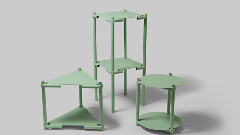 Three, sea foam green tables. 