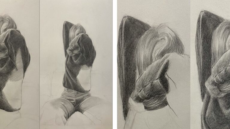graphite drawing of a seated woman enjoying a stretch
