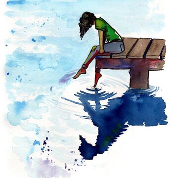 An illustration of a person on a dock looking into a body of water