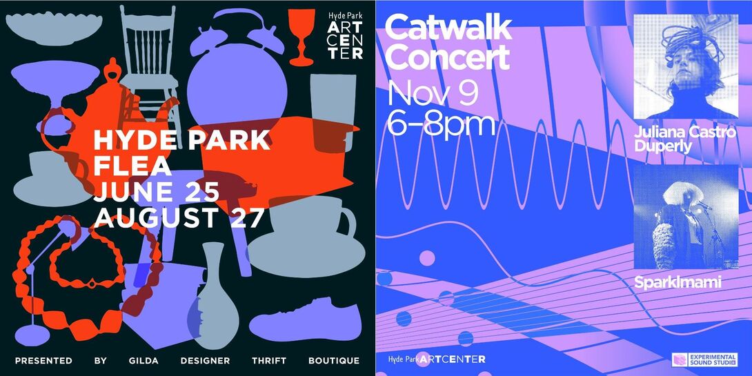two posters side-by-side. One is the "Hyde Park Flea" with household objects in grey, purple, and red floating in the background. One reads "Catwalk Concert" with a neon purple and pink abstract background.