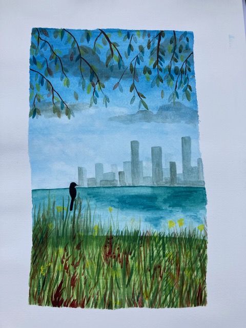 A watercolor of the Chicago skyline against Lake Michigan