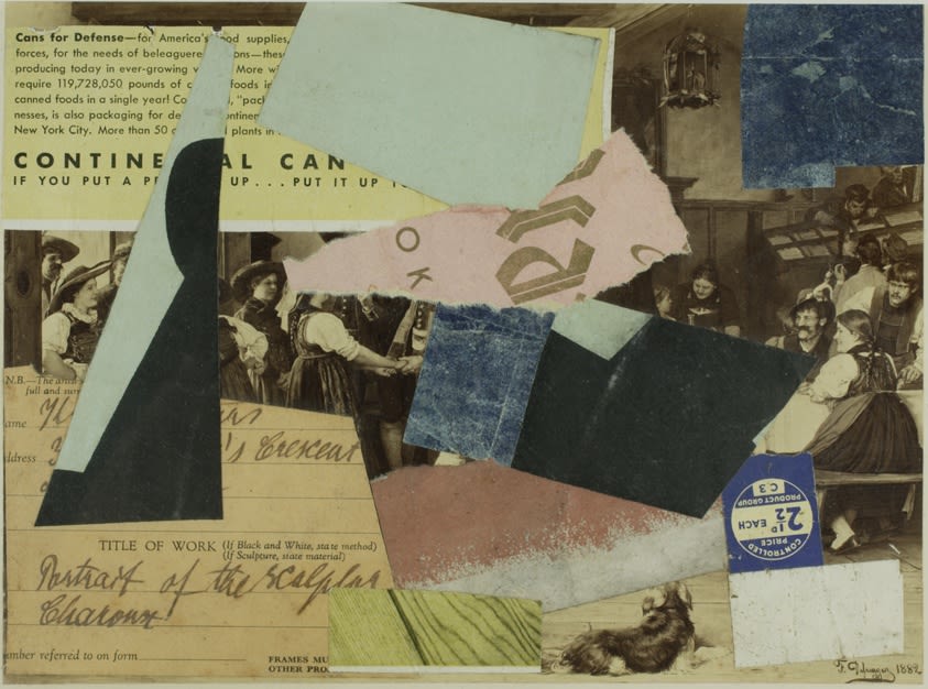A muted collage artwork with different text and images