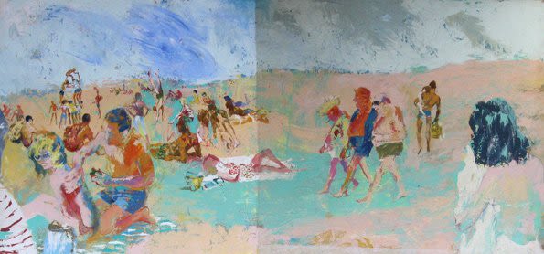 A mural of multiple people enjoying a day at the sand dunes. While most of the sand is tan, there are splotches of light blue scattered across the ground. Some are people walking on the sand together, some are sitting on the sand in groups, and one person at the center of the mural lies down by themselves on a towel.
