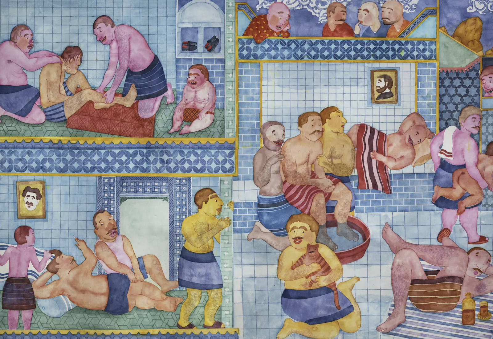 A large-scale, colorful artwork depicting men in a bathhouse covers a wall at the Museum of Contemporary Art Chicago.