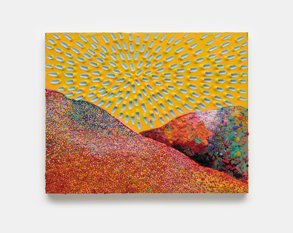 A yellow canvas of abstract mountains