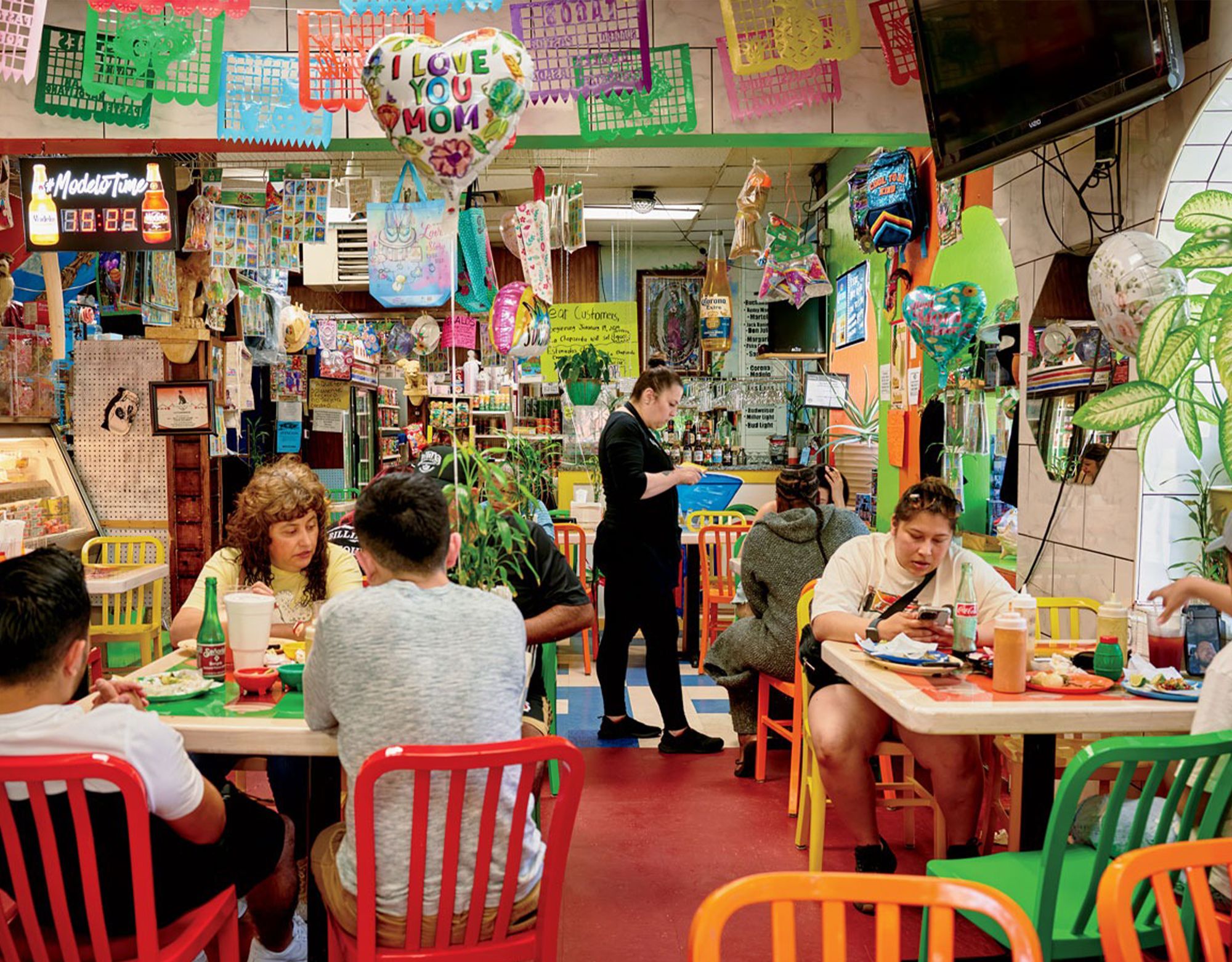 An interior of a bright, colorful restaurant 