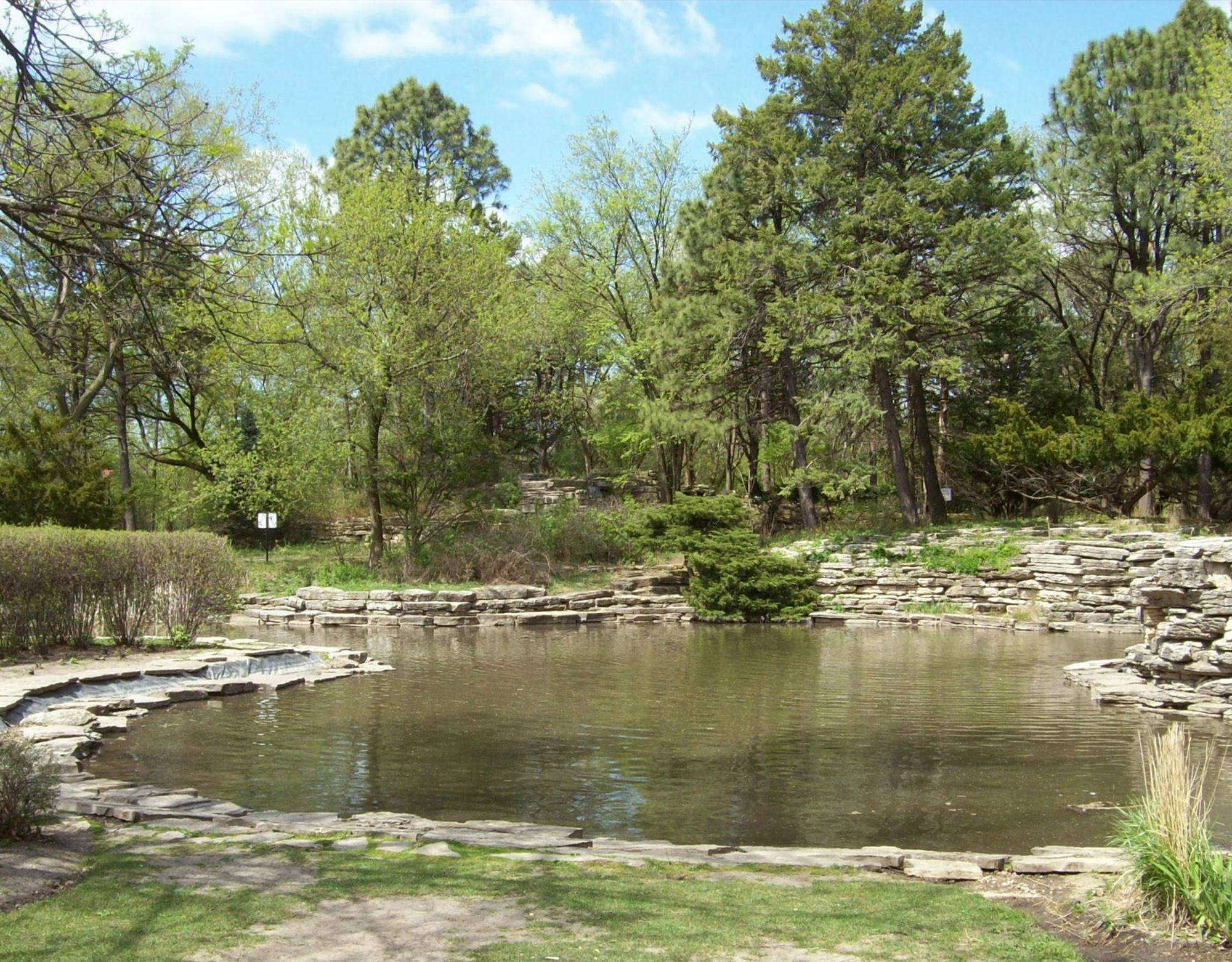 A pond rimmed with stones and trees