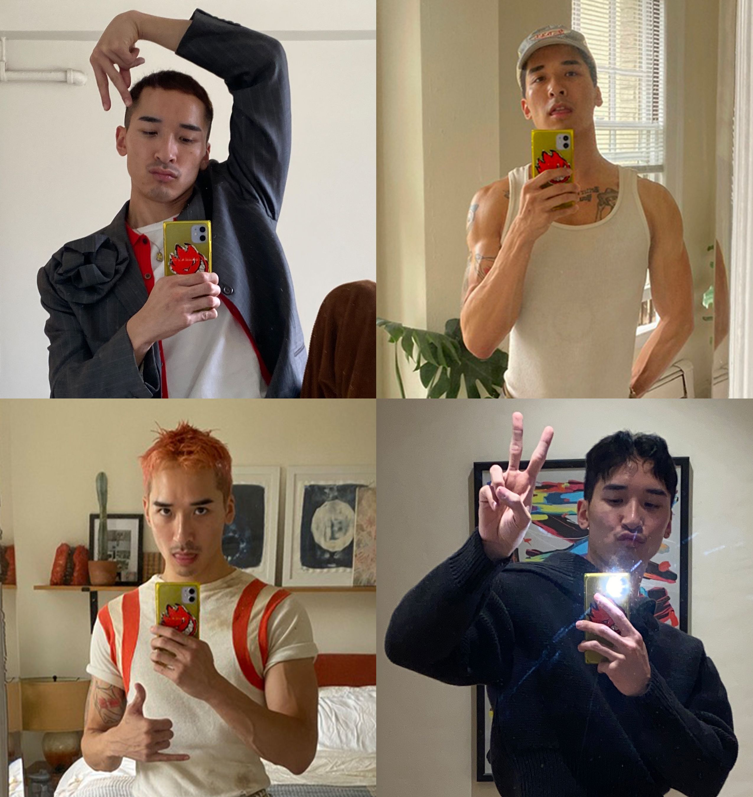 Four photos of an artist posing for mirror selfies