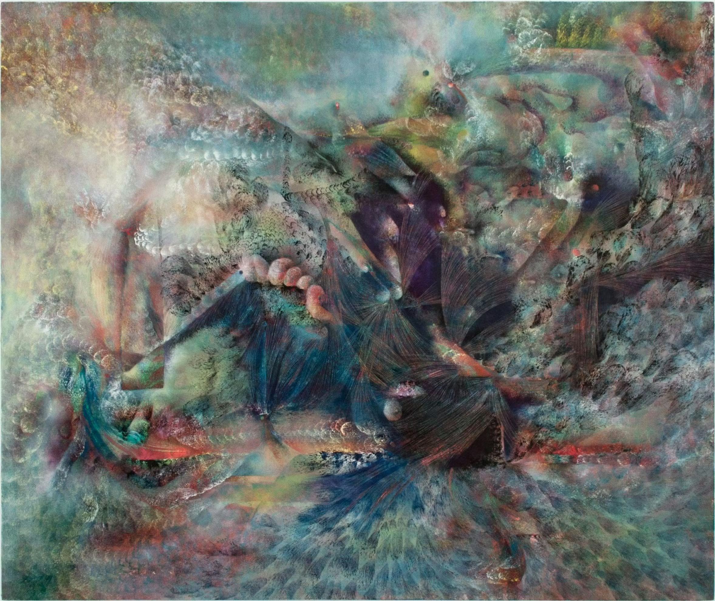 An abstract painting in greens and blues
