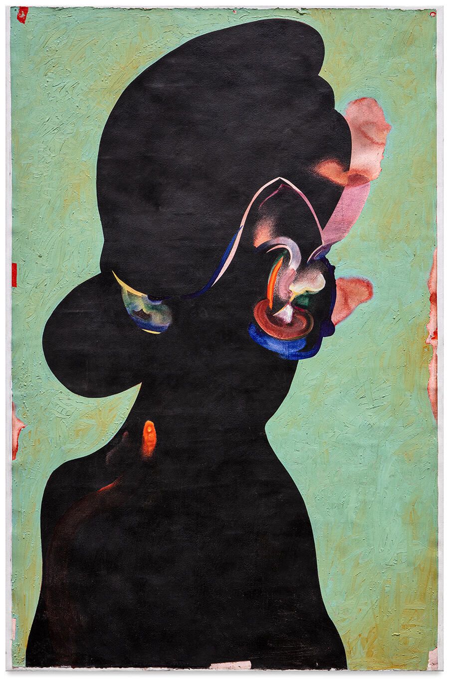 An abstract painting with a central, shadowed figure