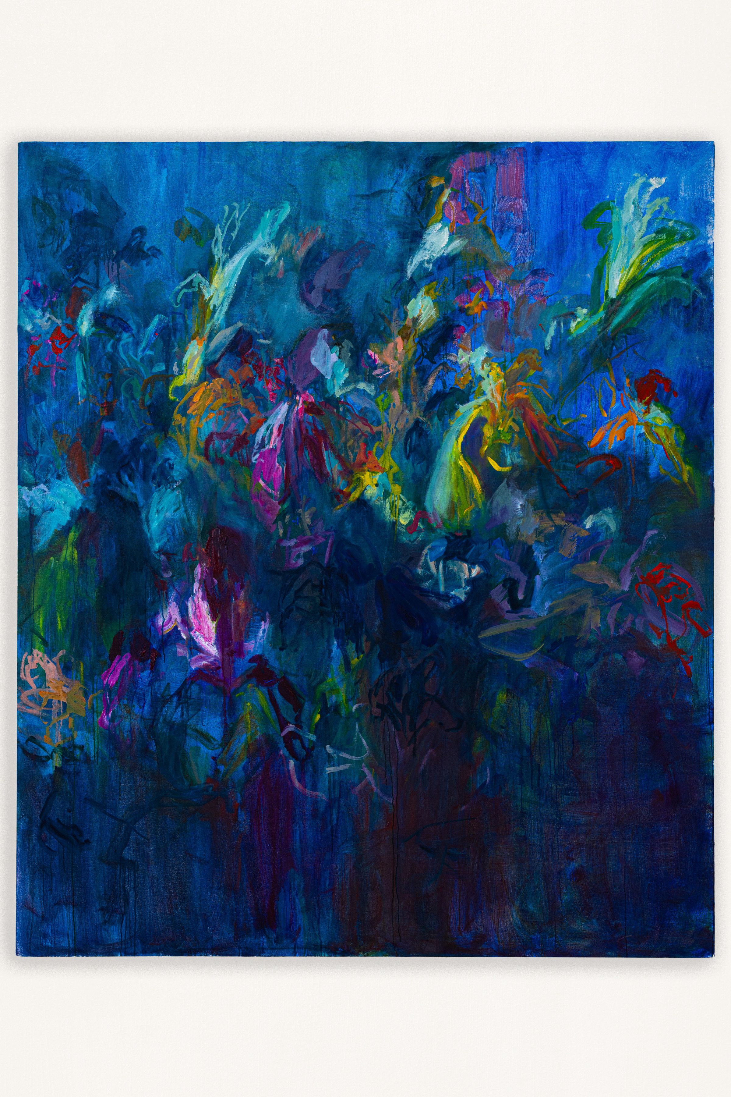 An abstract floral painting with a blue background