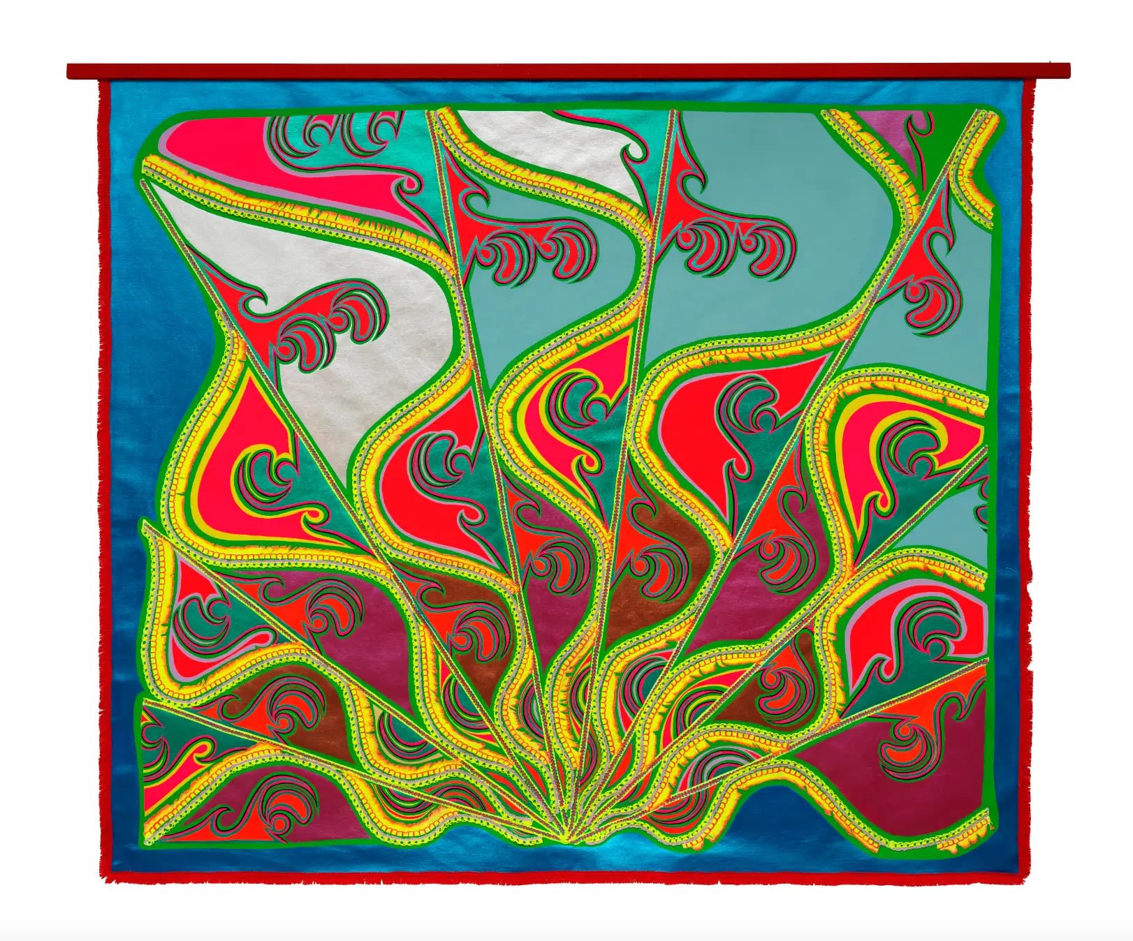 A bright abstract image in red, blue, and yellow