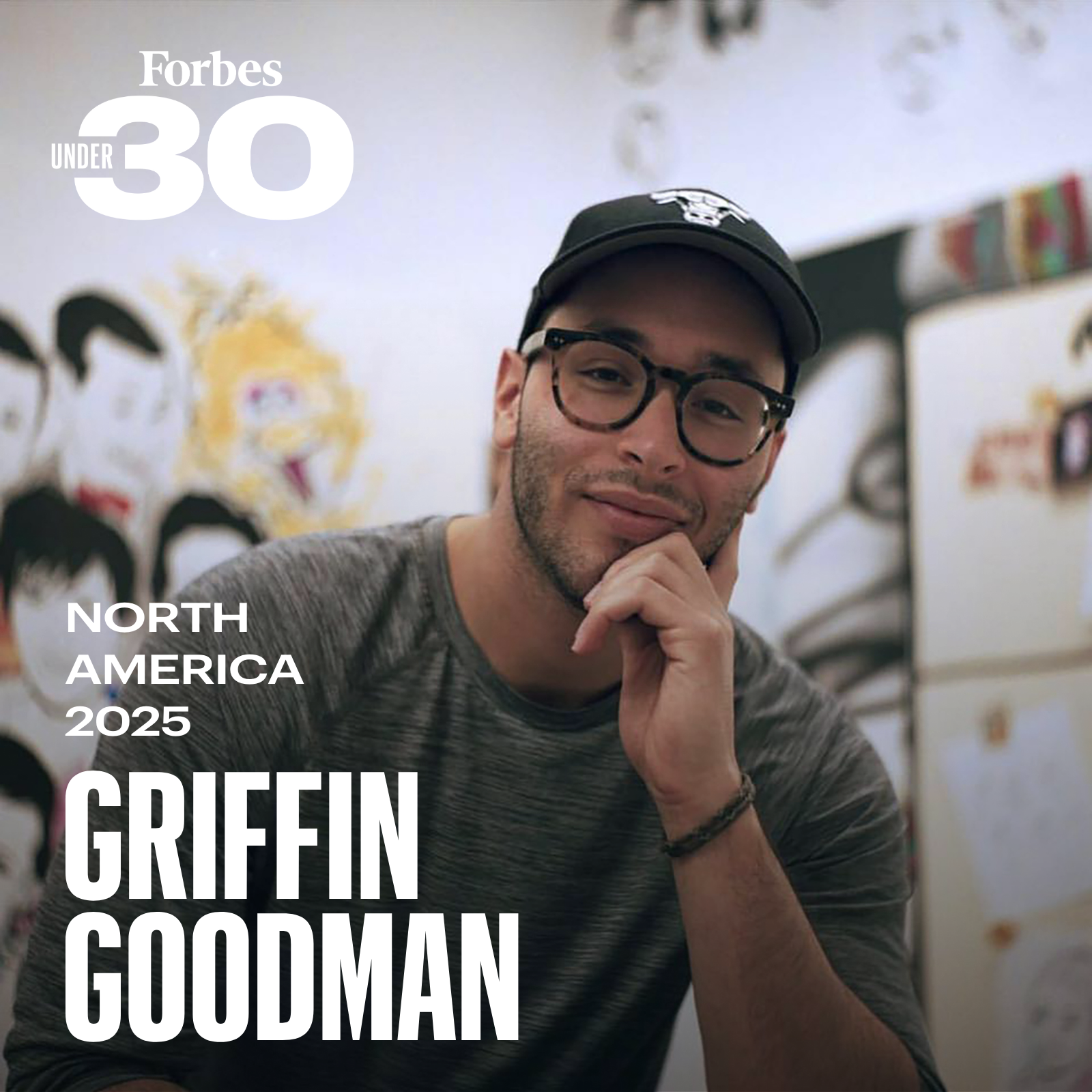 A photo of a man in glasses and a baseball hat under a Forbes 30 Under 30 logo