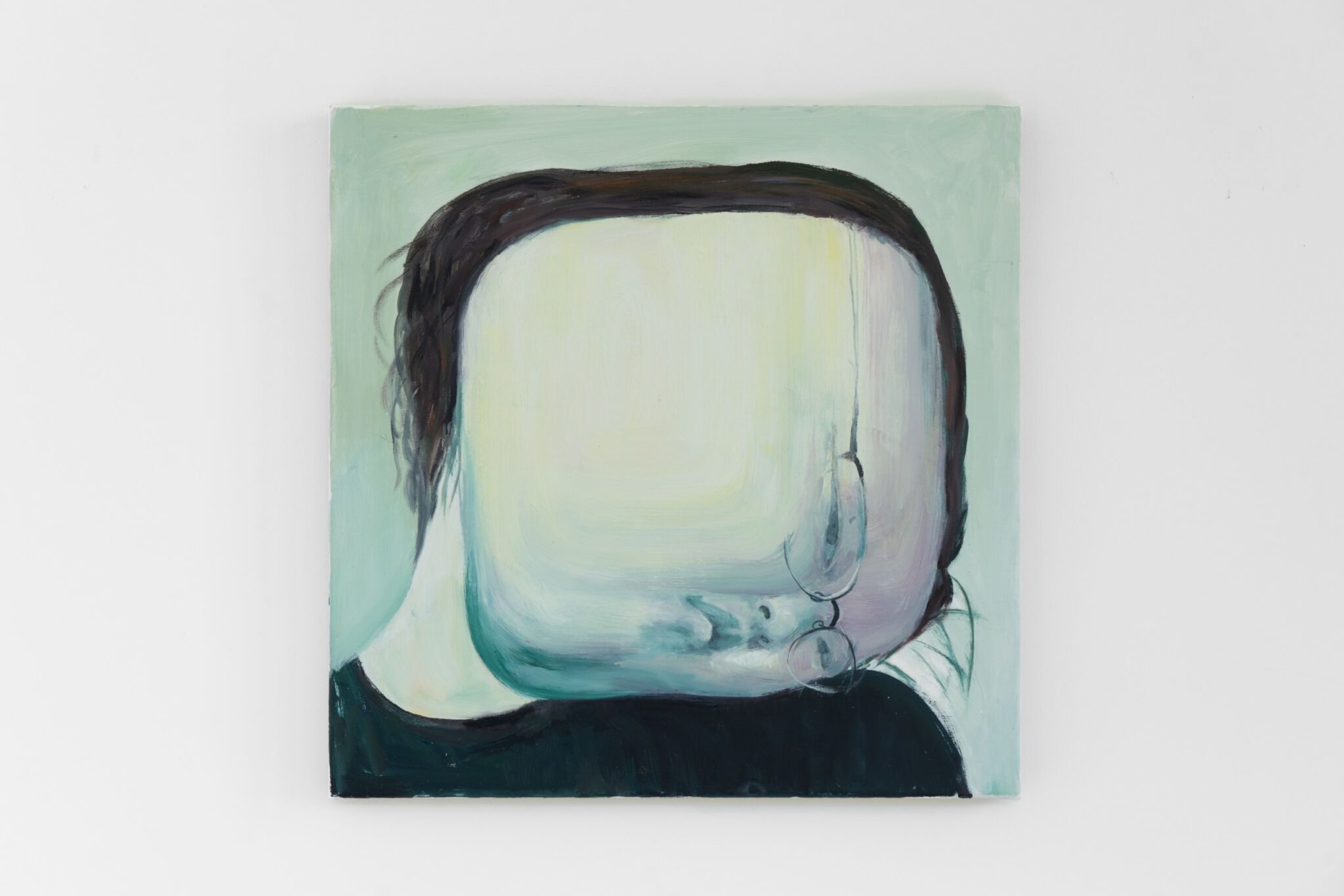 A painting of a swollen, square-shaped face tilted downwards