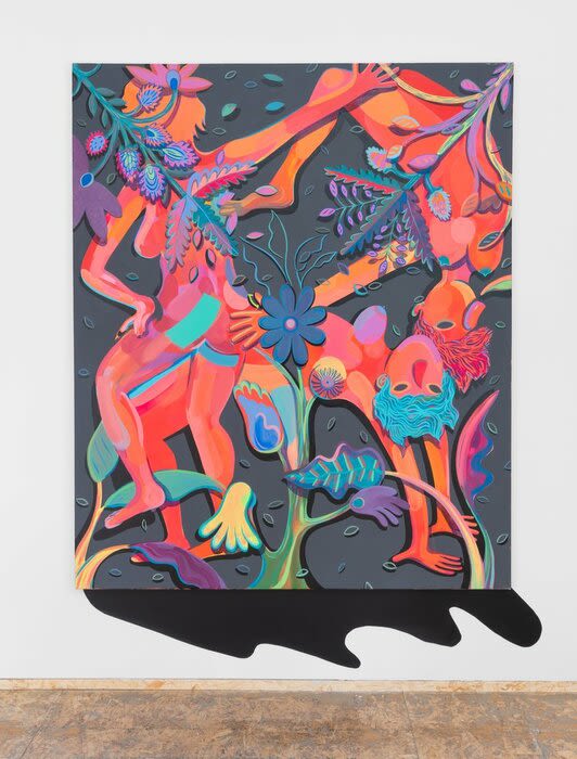 A large painting of several colorful figures springing through flowers and plants
