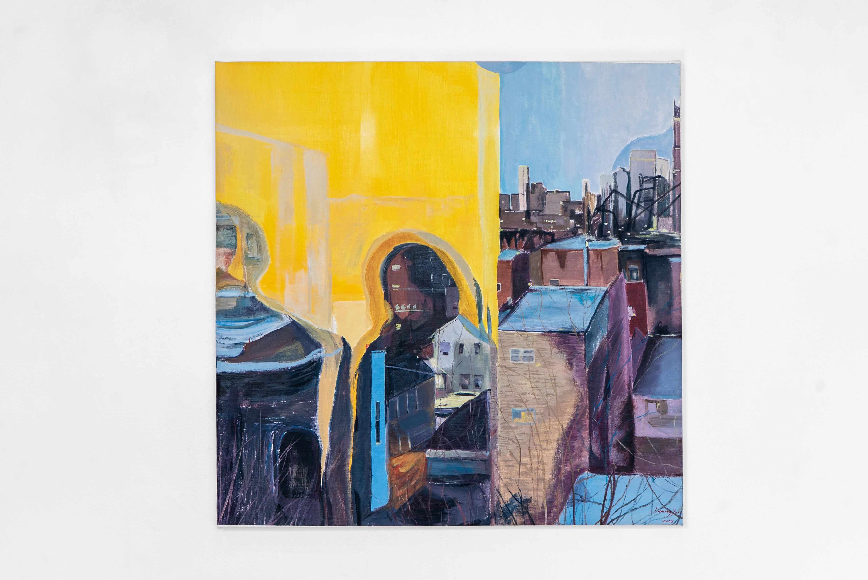 A painting of two figures standing against a yellow wall on a city street