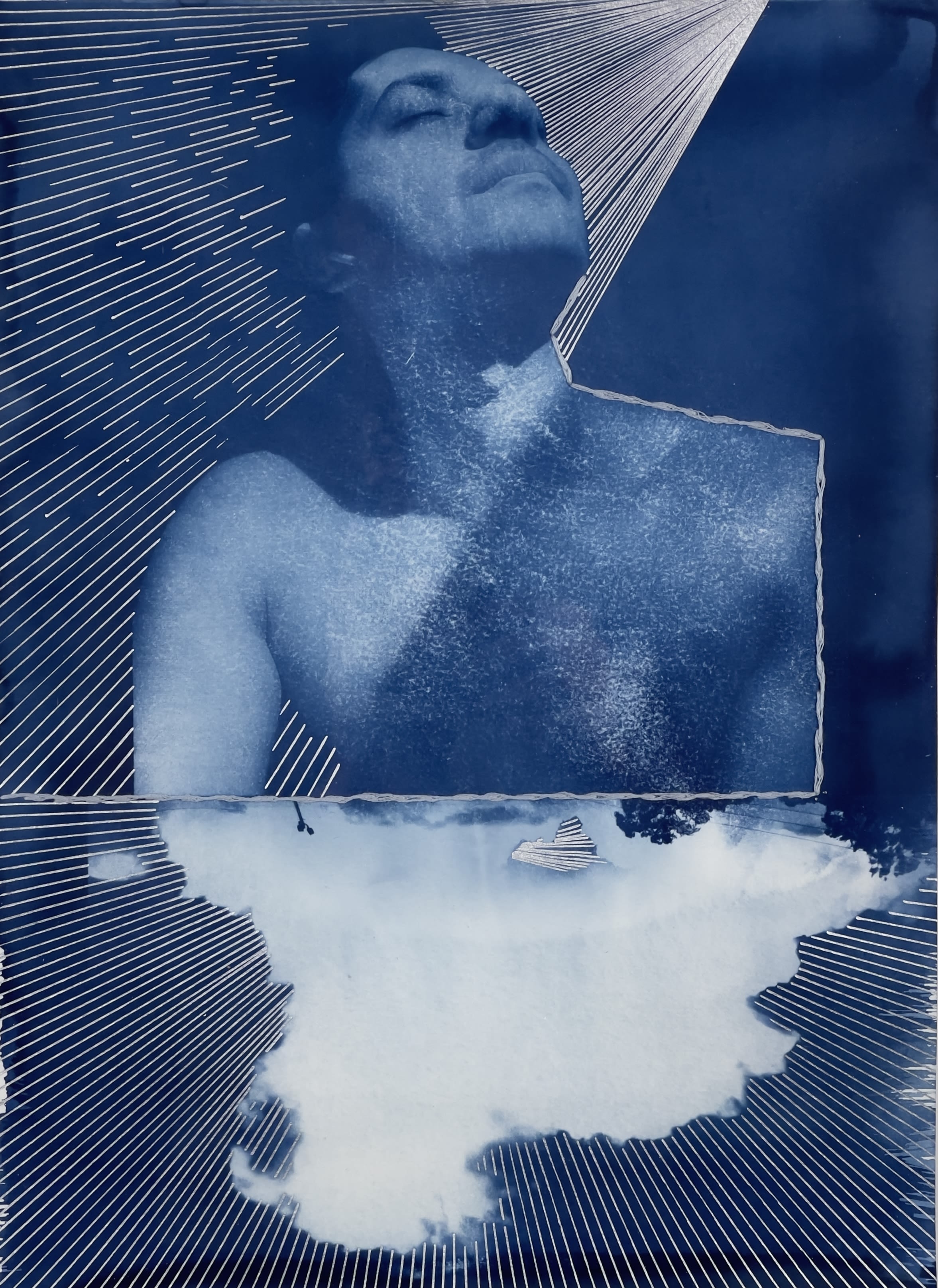 A collaged image of a figure against a blue background 