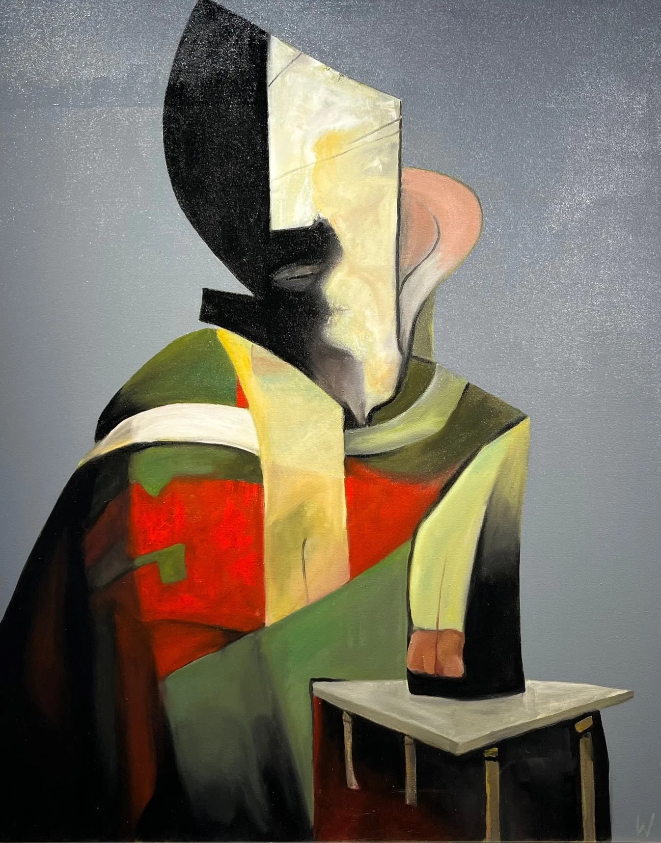 A painting of. figure sitting at a table