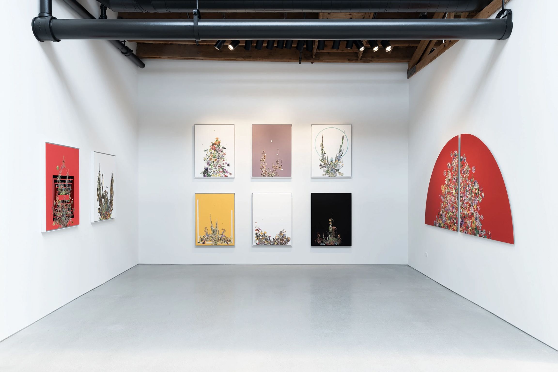 An installation view of several paintings