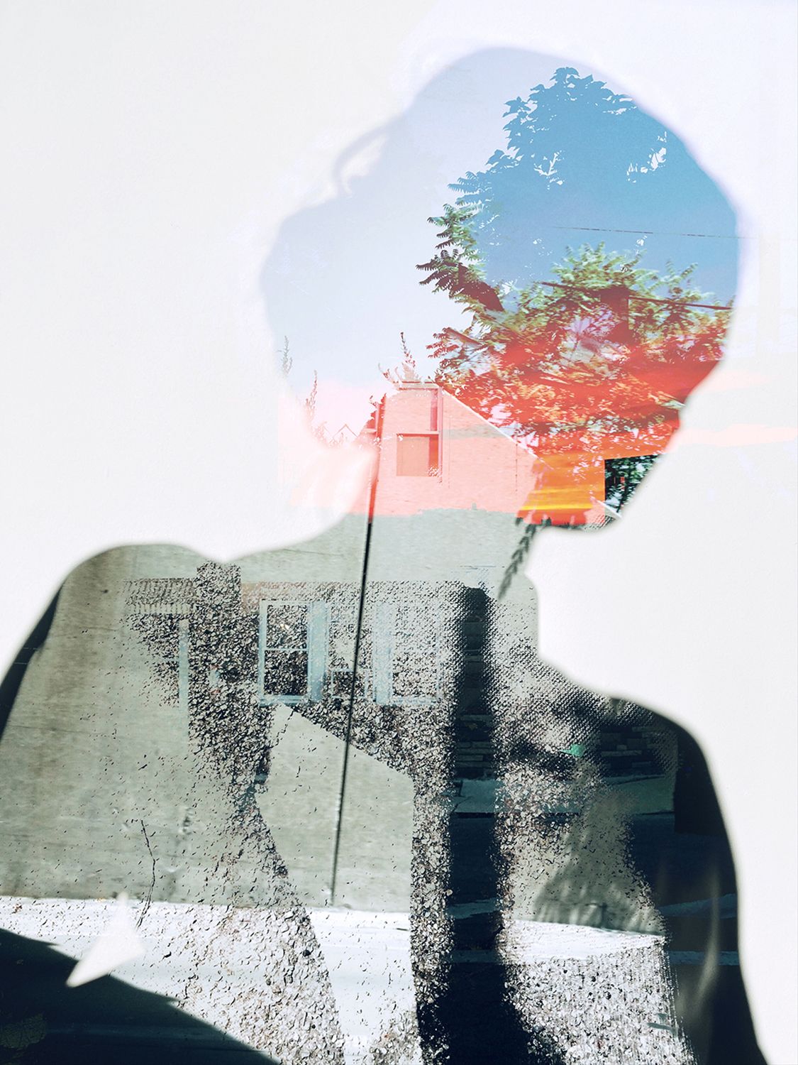 A photo of a silhouette with a double-exposure of a house and trees
