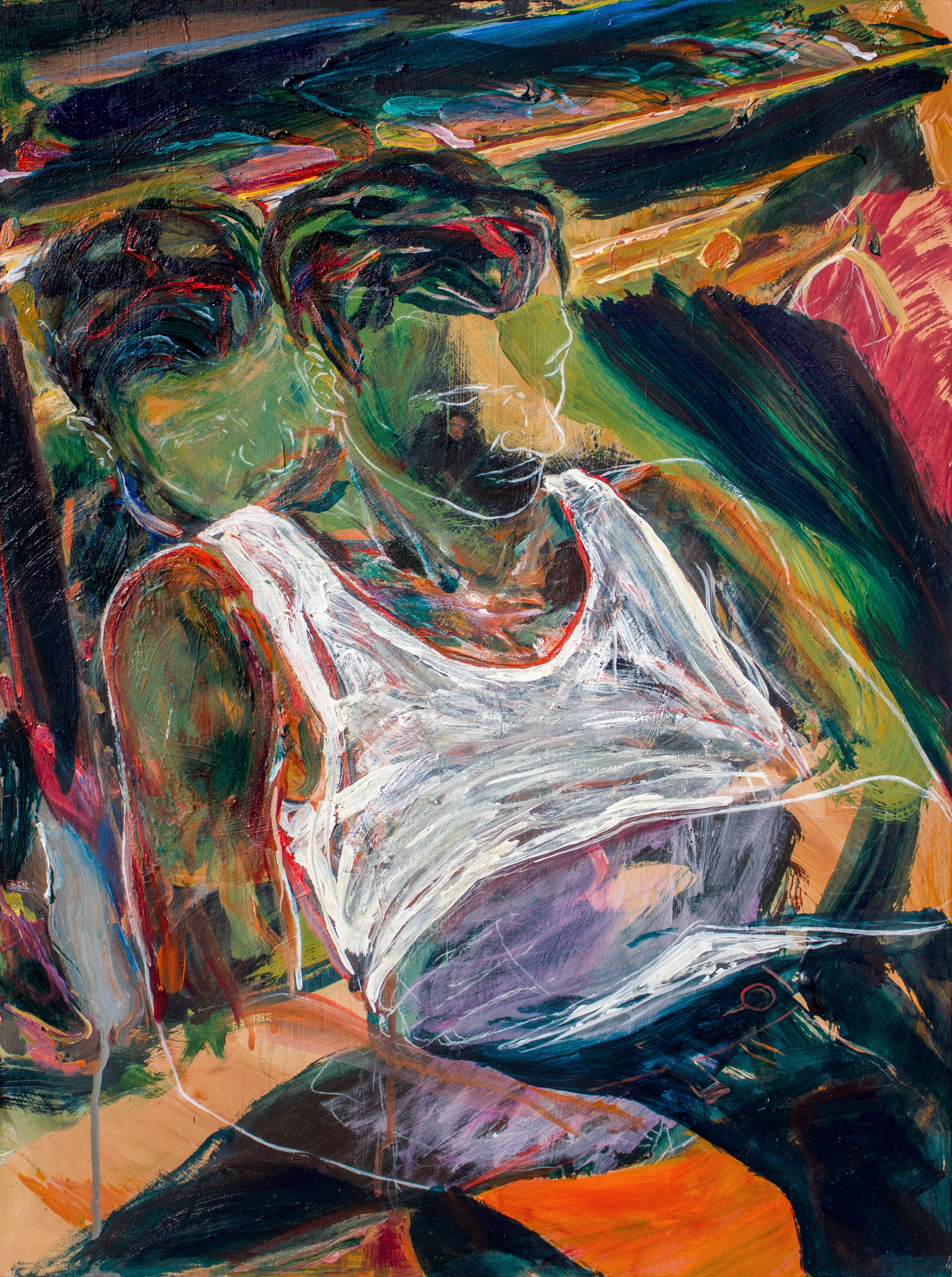 A painting of double image of a sitting man