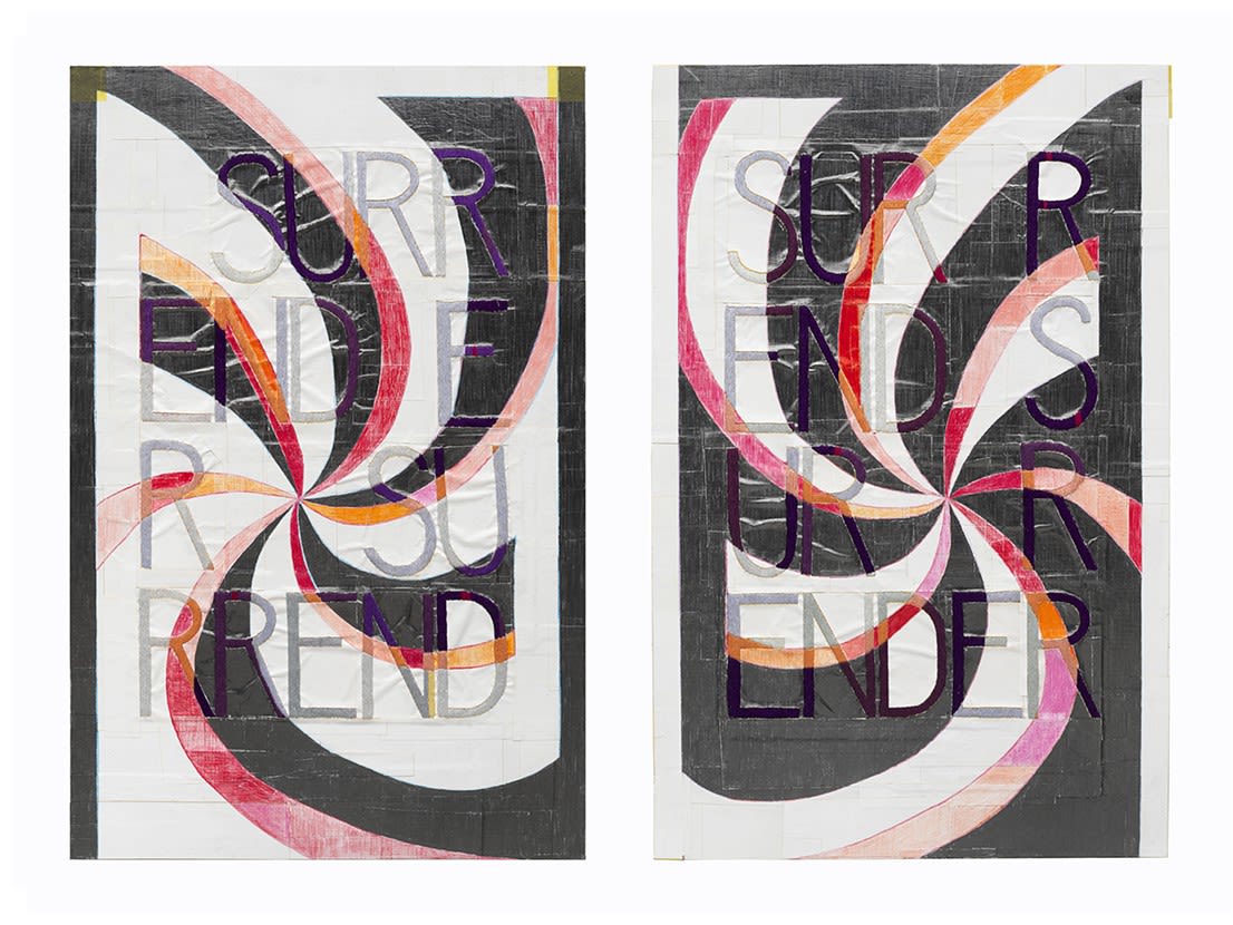 Two textile pieces that read SURRENDER