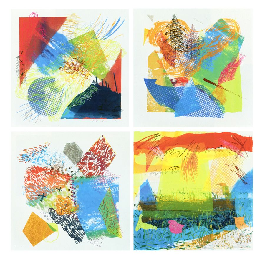 A 4x4 grid of colorful, abstract paintings based in primary colors