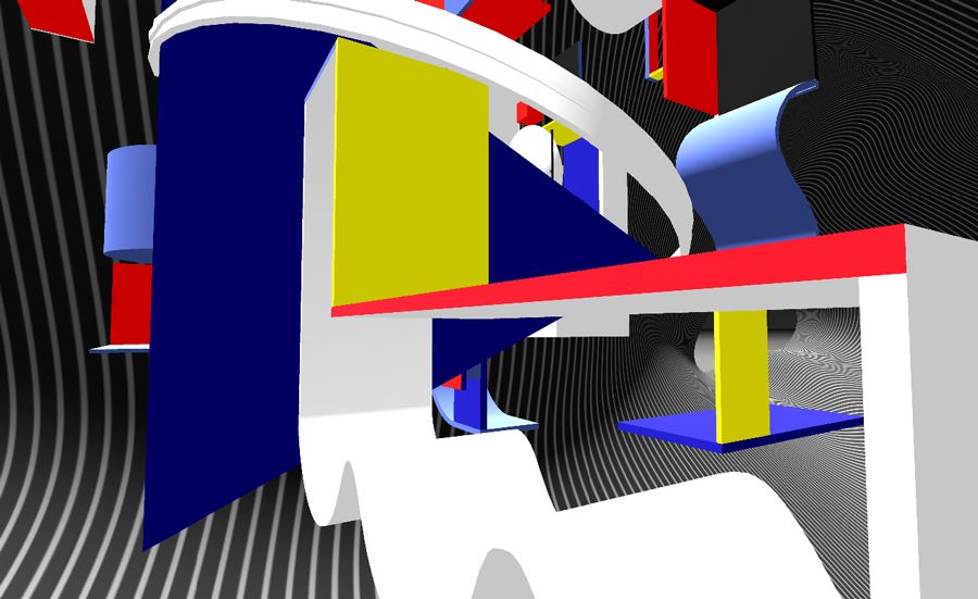 A 3D virtual reality print. Various yellow, red, blue, white, and black shapes and lines create abstract patterns and optical illusions