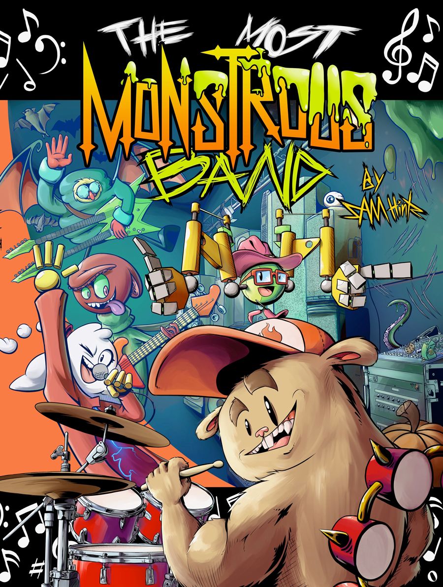 A cartoon like illustration of a hamster-like creature wearing a baseball cap and playing the drums. Title reads The Most Monstrous Band with musical symbols surrounding it.