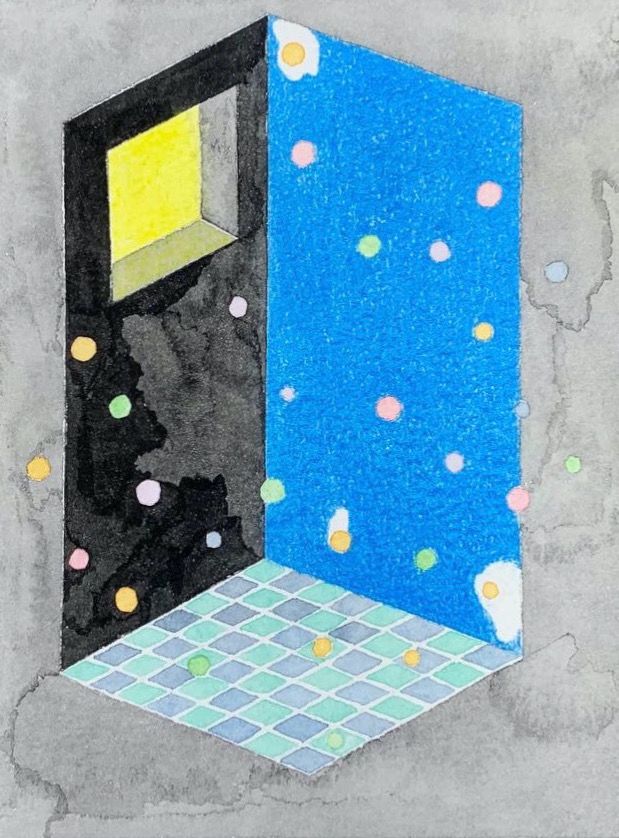 a 3-D rectangularr illustration - one side is black with a yellow, window-like cutout; one side is blue with pink and green dots; the underside is a pale green and blue checkerboard; the background is dark grey