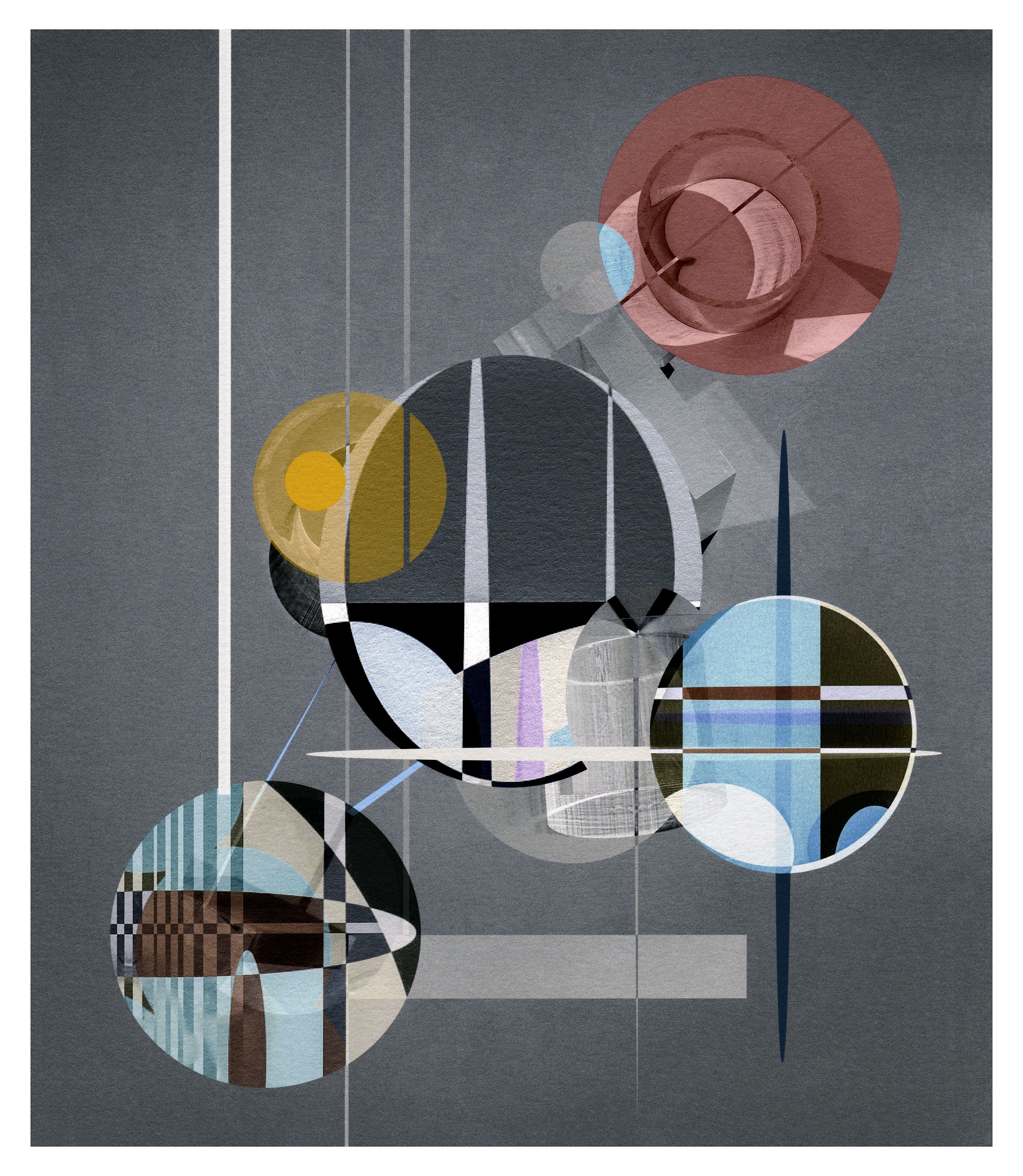 Four abstract circular illustrations connected by lines against a gray background