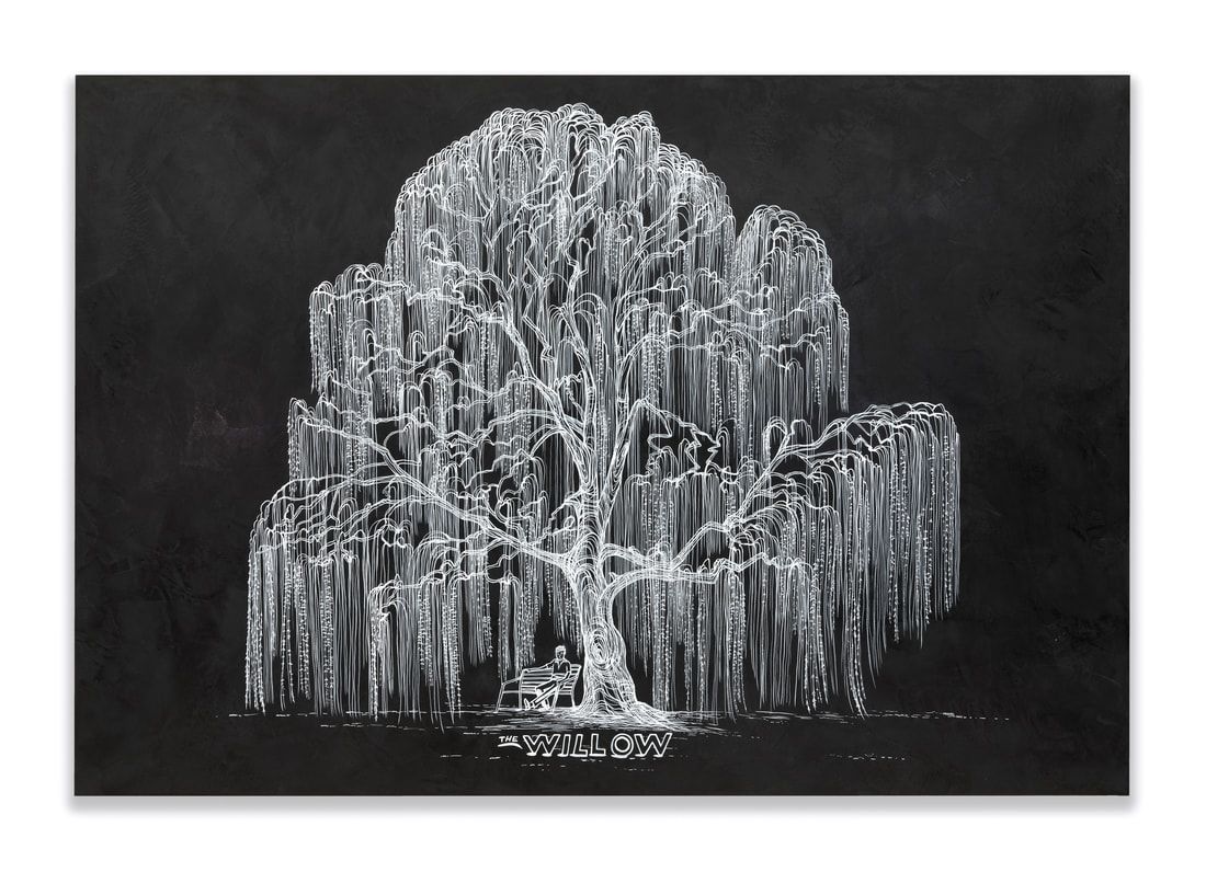 A white drawing of a willow tree on a black background