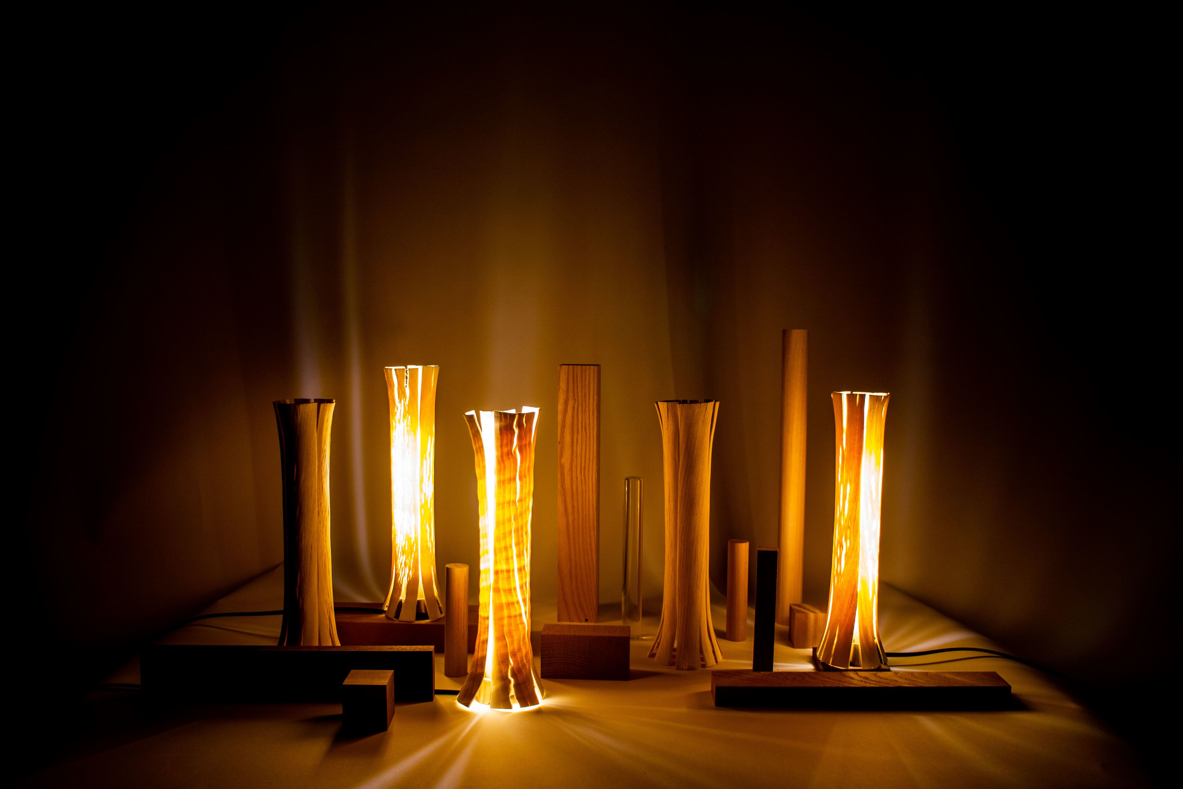 Wooden sculptures lit in a dark studio