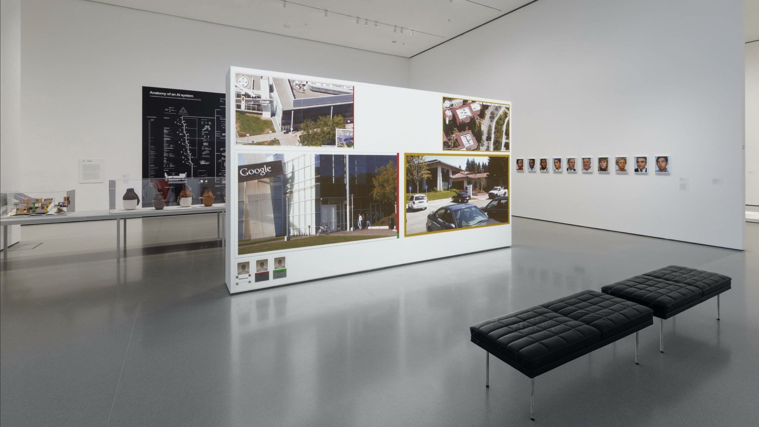 A white gallery space with photographs of a Google office building