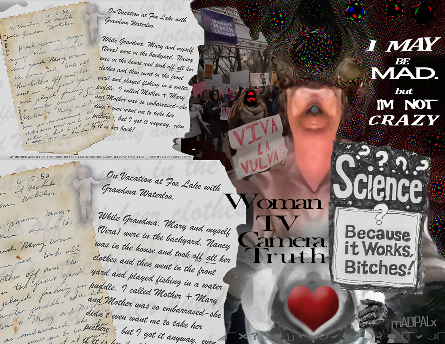 An overlapping artwork of text and images