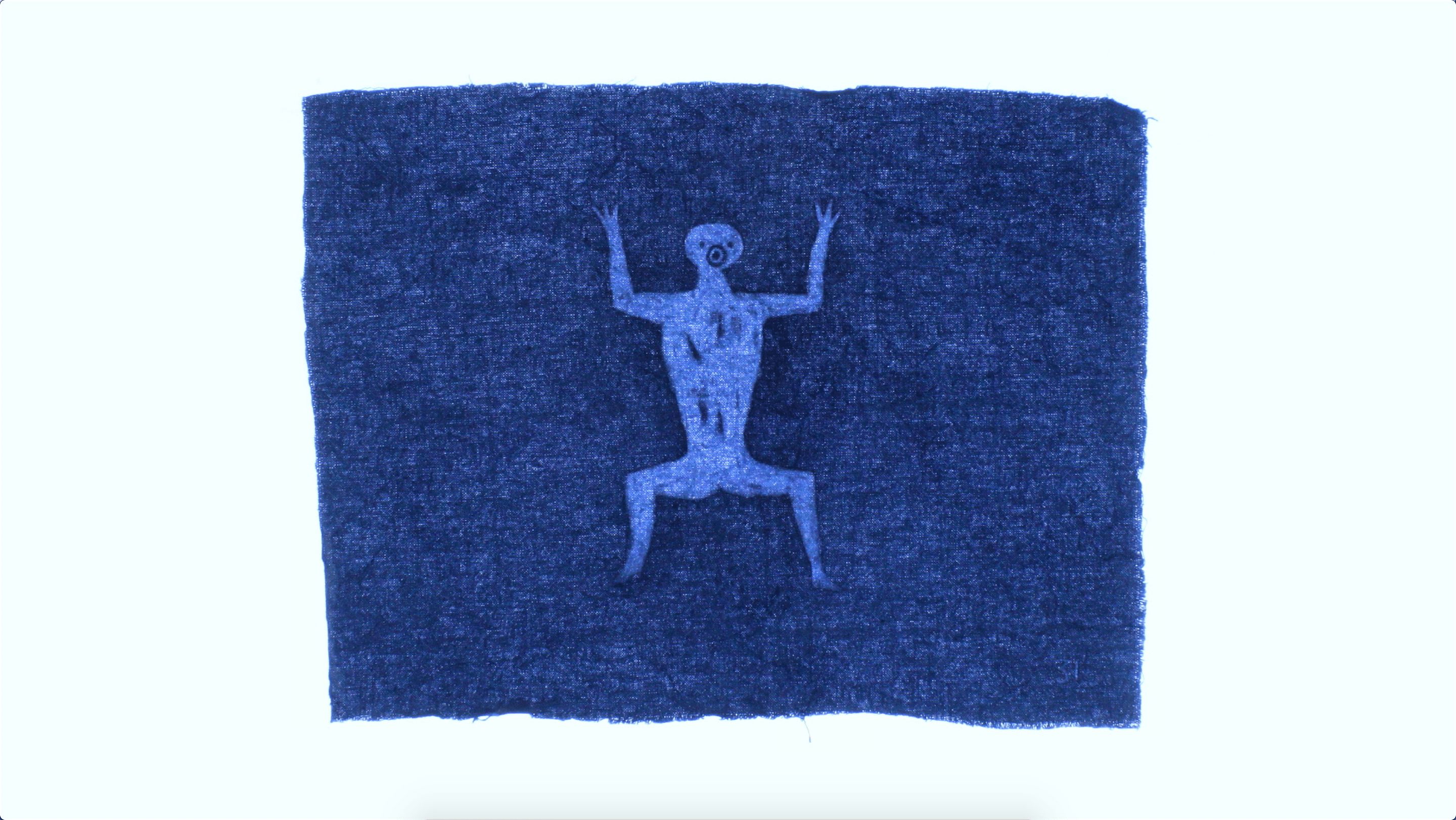 A blue sketch of a person on a blue background