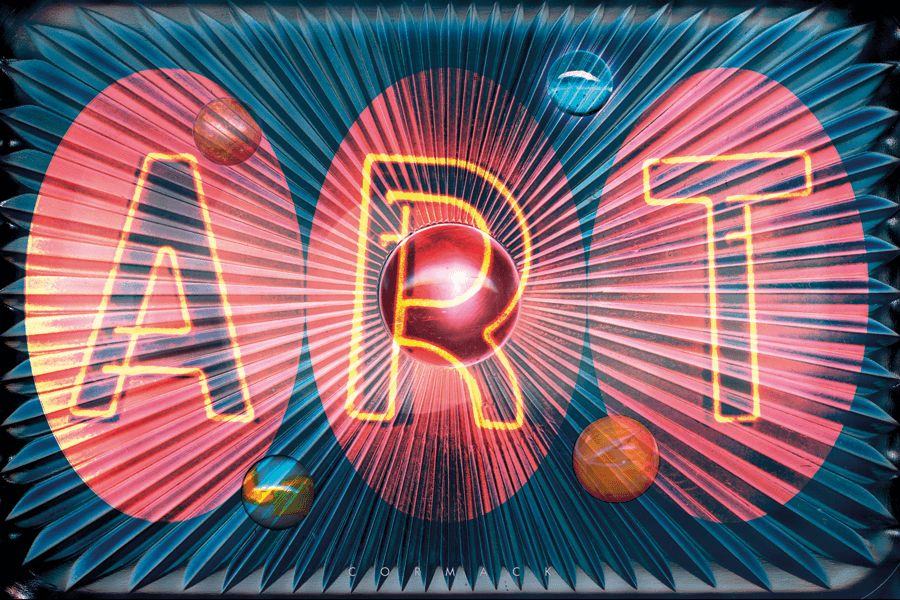 The word ART in red letters surrounded by planets