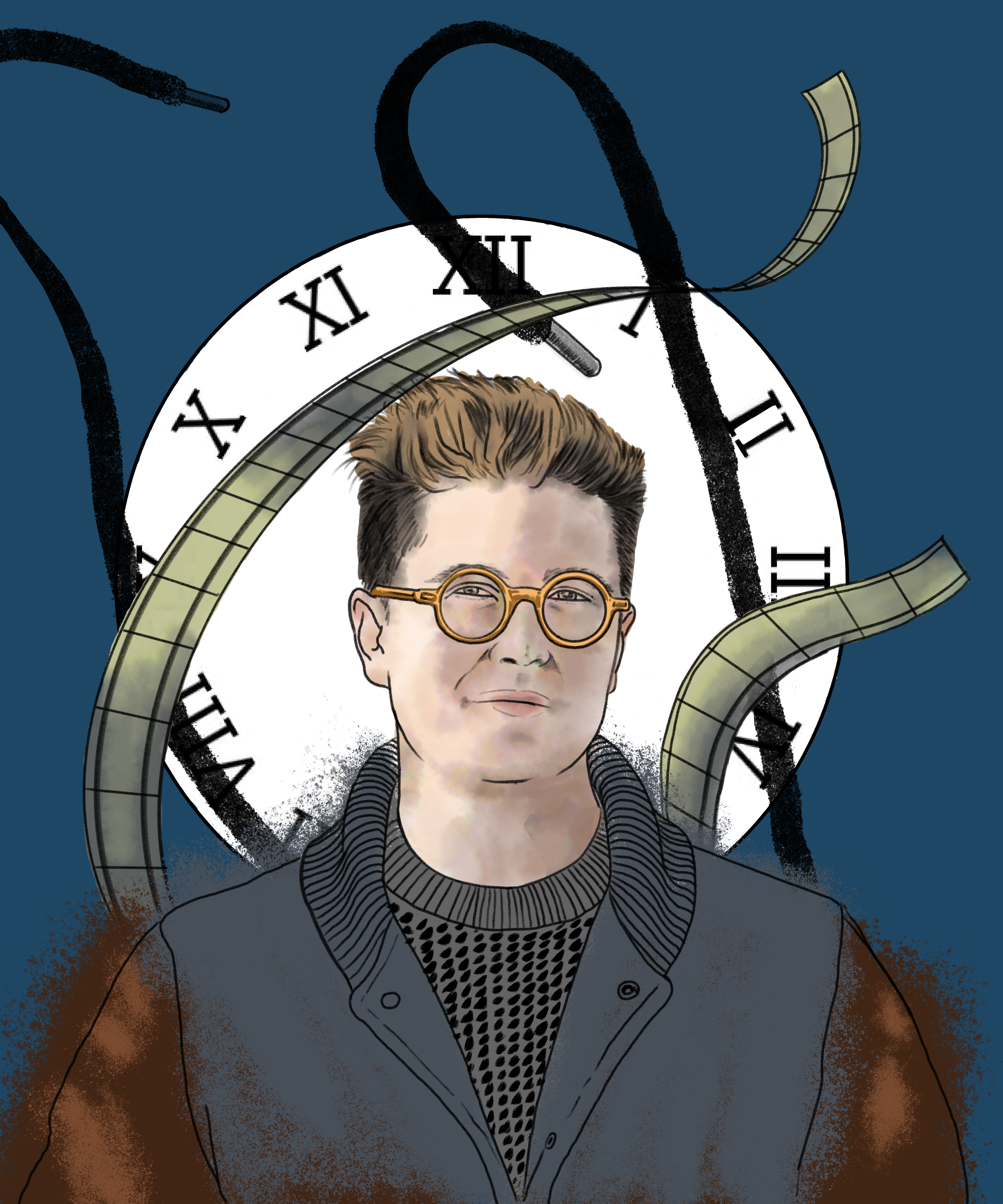 An illustration of Zach Weiss in front of a clock and film reels