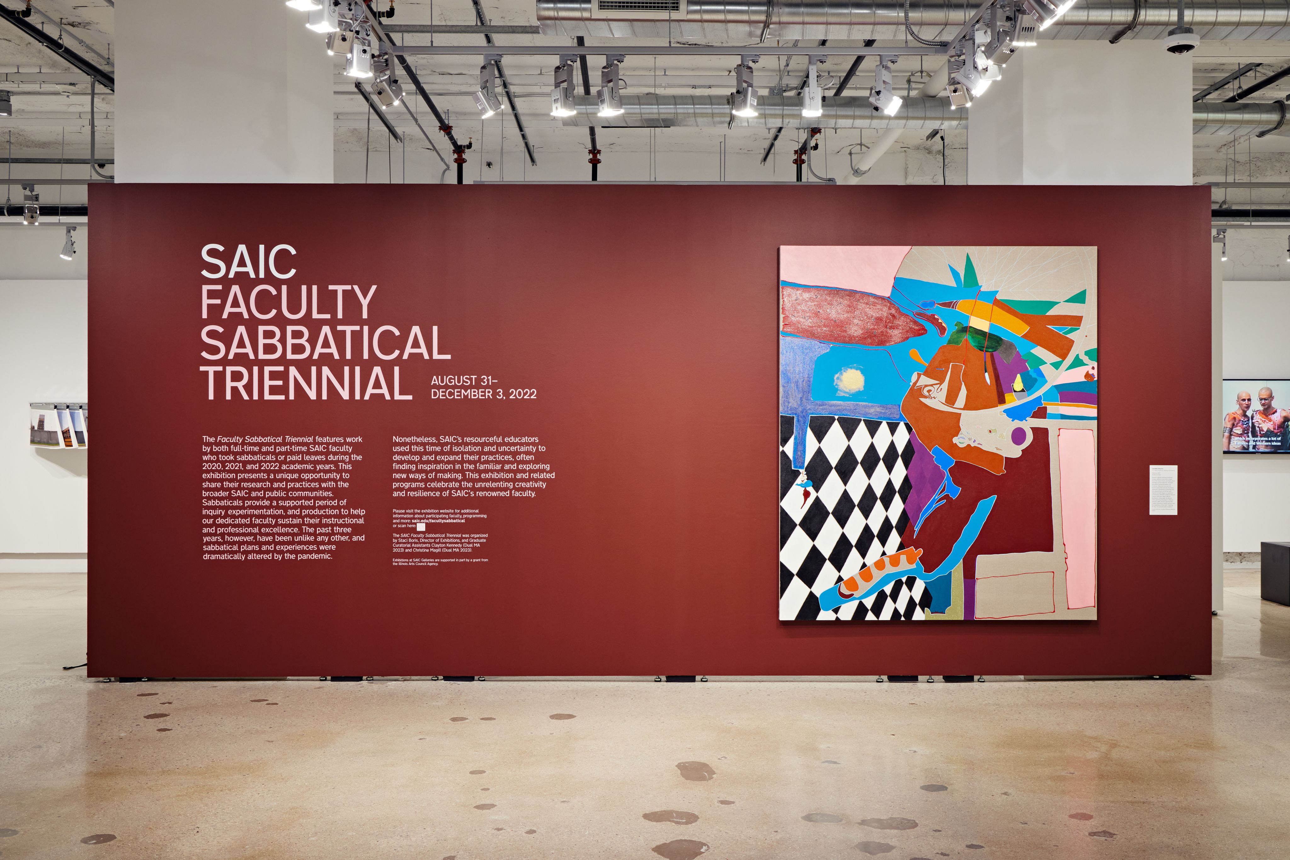 An installation shot of the SAIC Faculty Sabbatical Triennial featuring one of Alvarez's abstract paintings