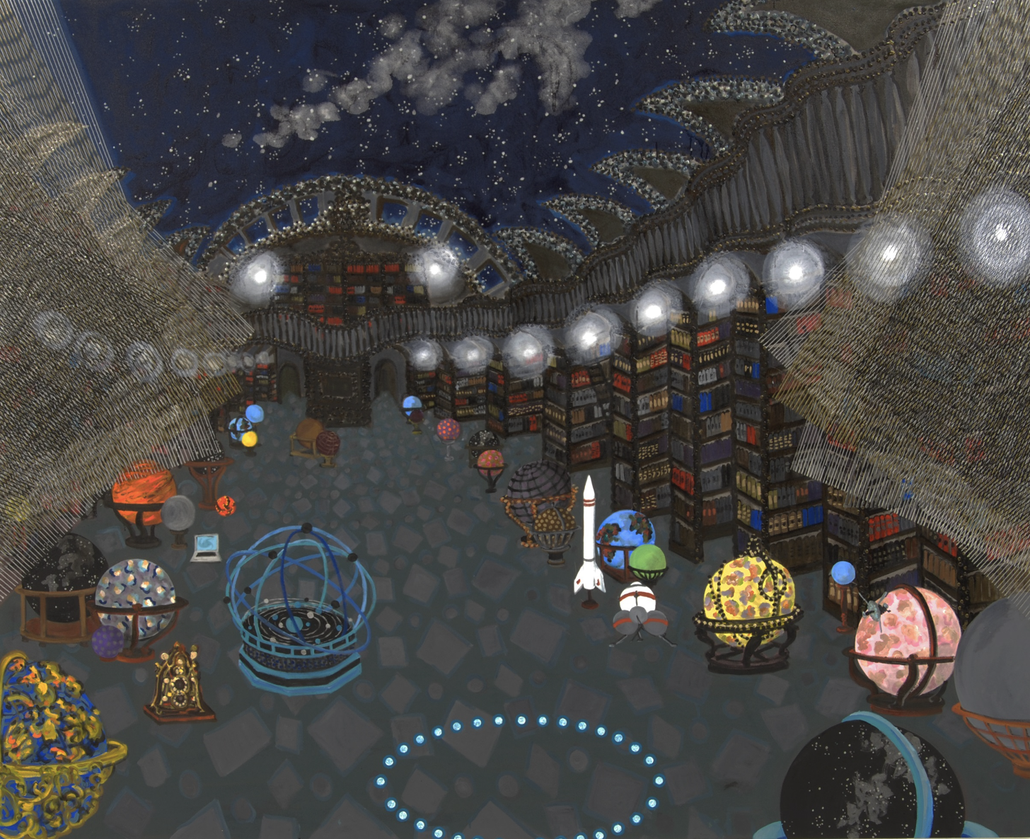 A painting of a room filled with planets and musical instruments. Their is a winding staircase with black railing that seems to lead nowhere in particular, and the ceiling of the room is a deep blue galaxy filled with bright, white stars. Two chandeliers of bright, white-yellow lights hang from the ceiling. The room also has a bookcase and a fireplace. 
