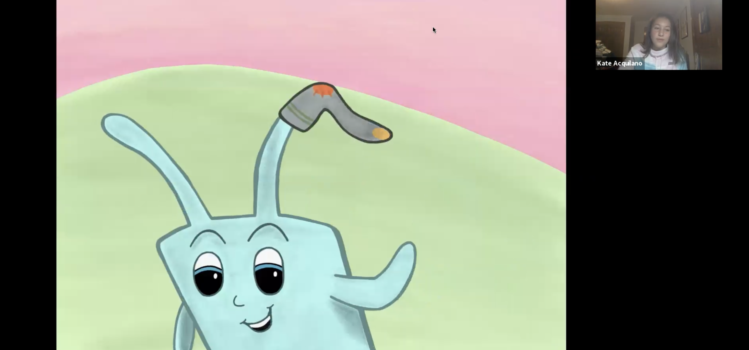 A Zoom screenshot where a student is presenting an animation of a blue cartoon figure with long ears