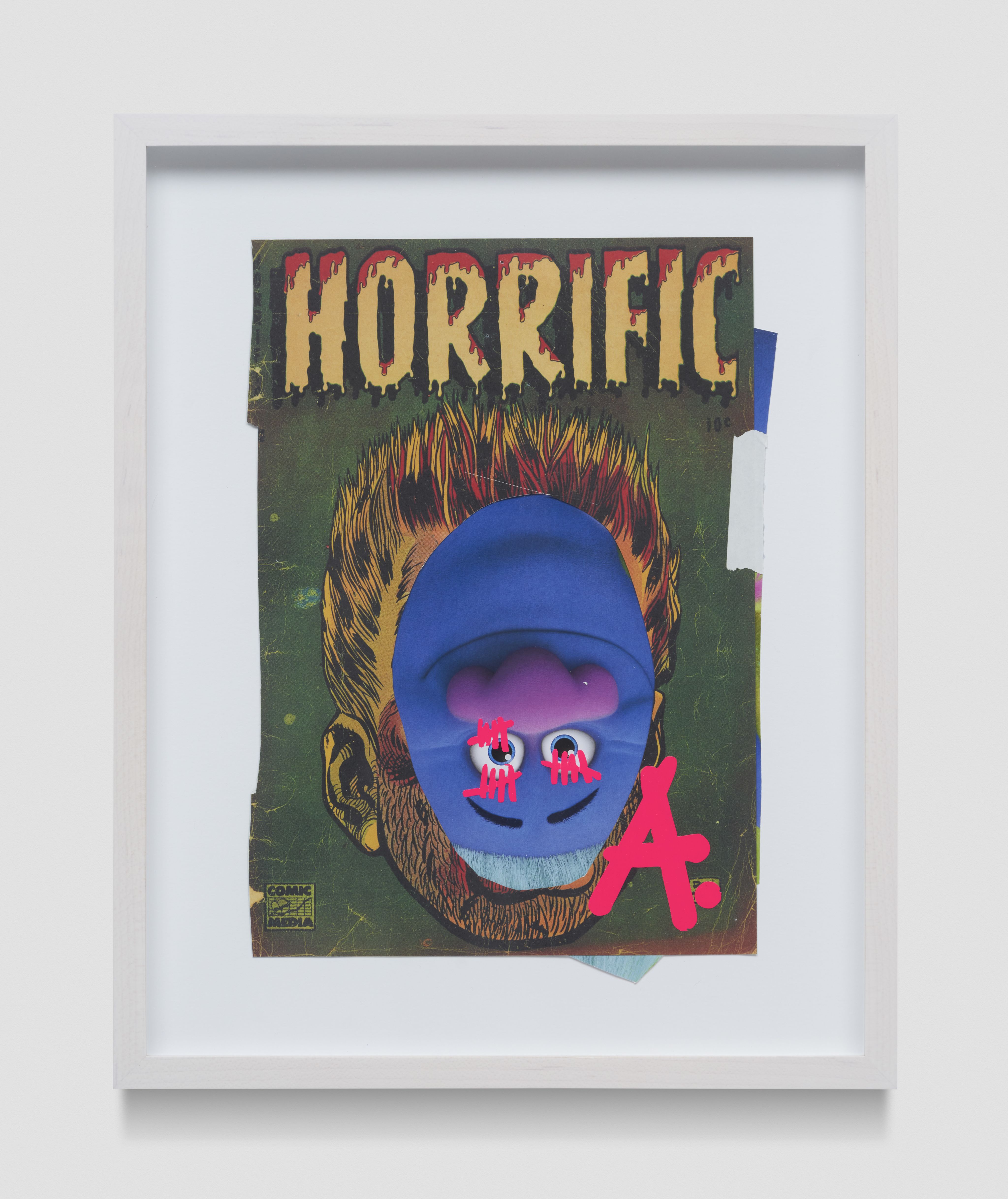 A painting of an upside-down purple face