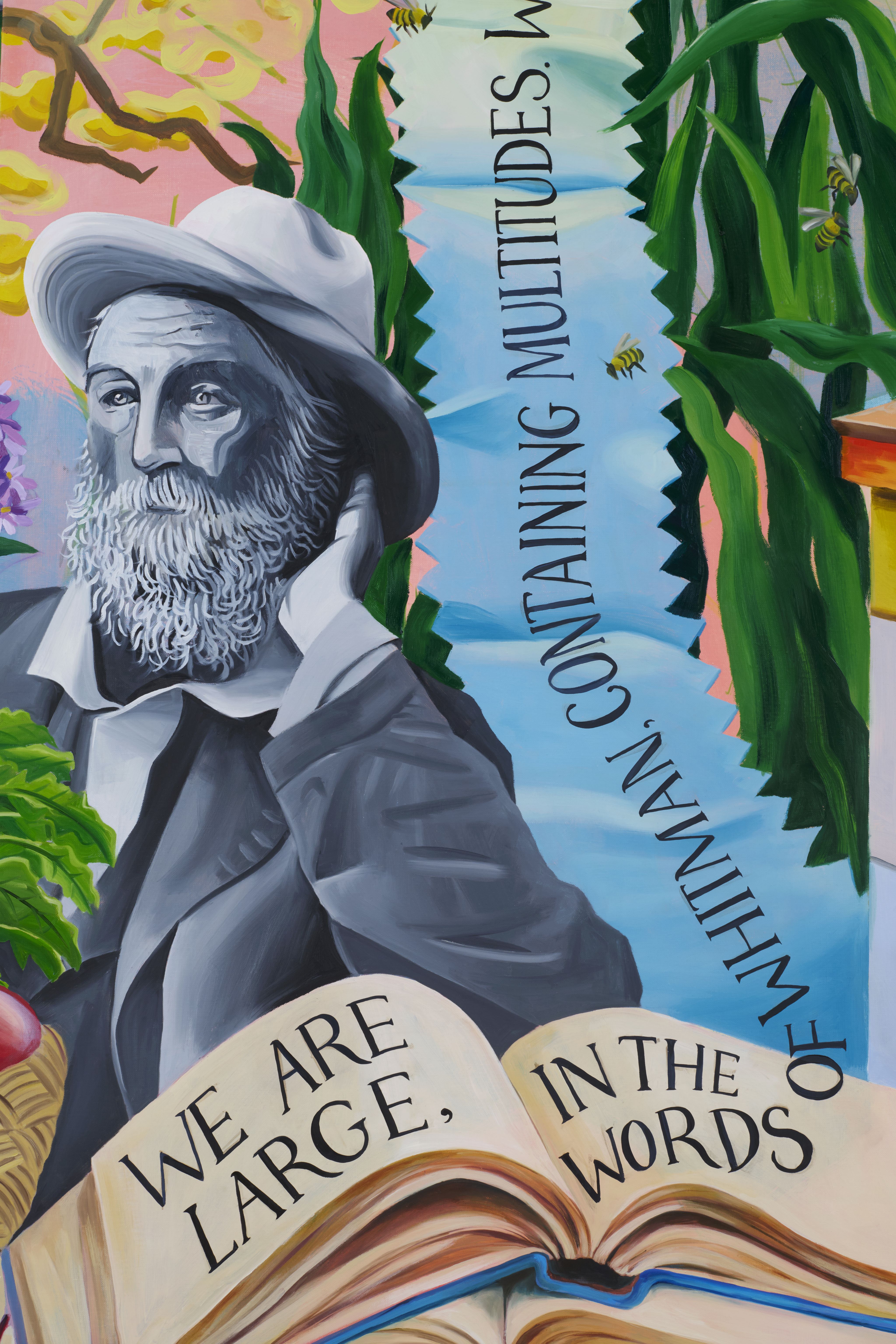 A mural featuring Walt Whitman and an open book
