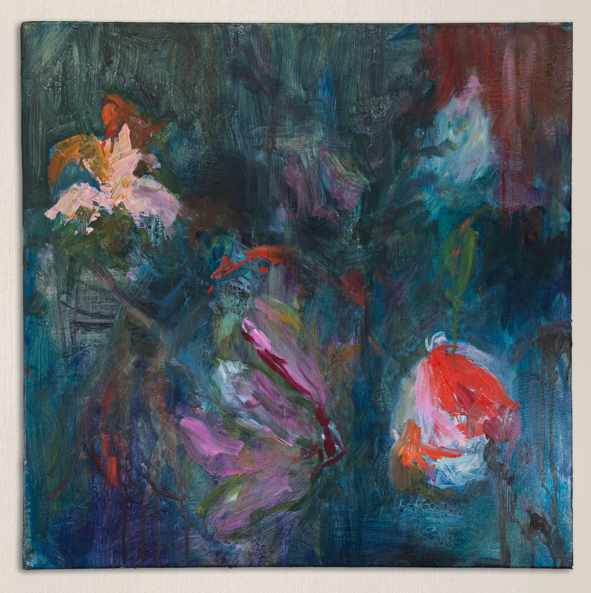 An abstract work of flowers on a dark blue background