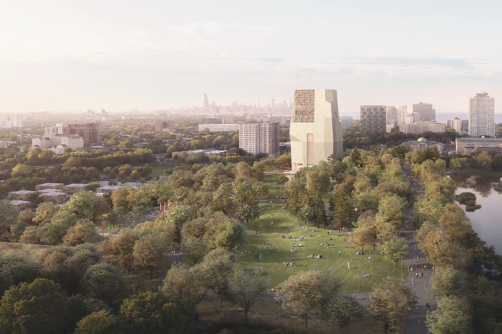 A view of the Obama Presidential Center rising above a park