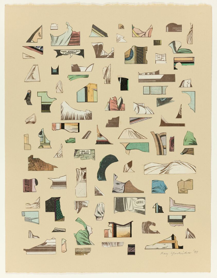 A beige artwork with different shapes and forms from comics arranged across it