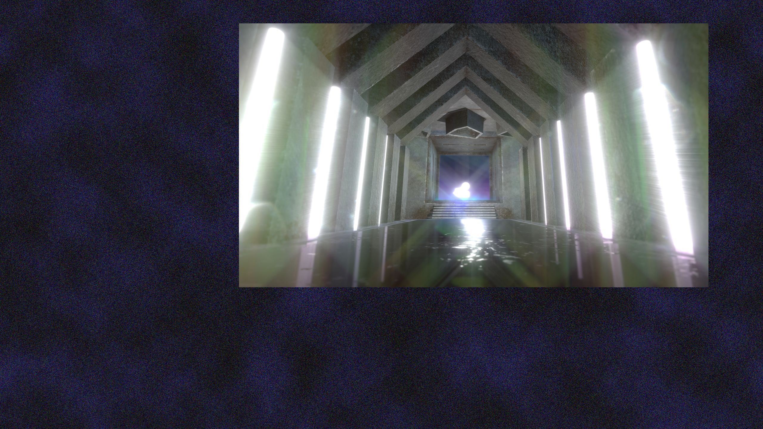 A digital image still of a brightly lit stone corridor