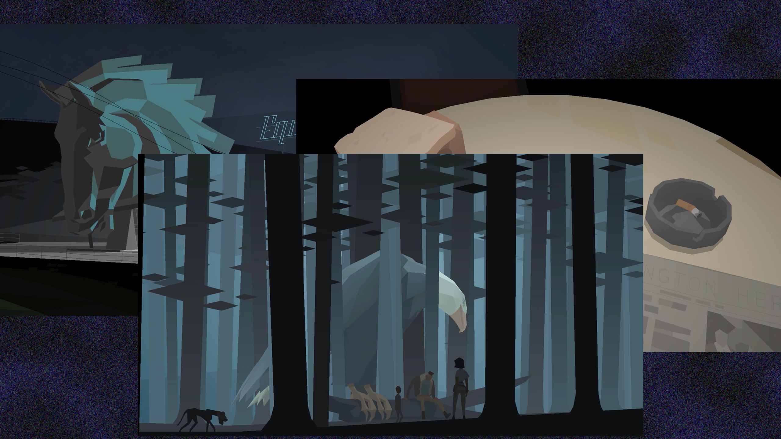 A video game still of a blue forest with a large eagle nestled between the trees