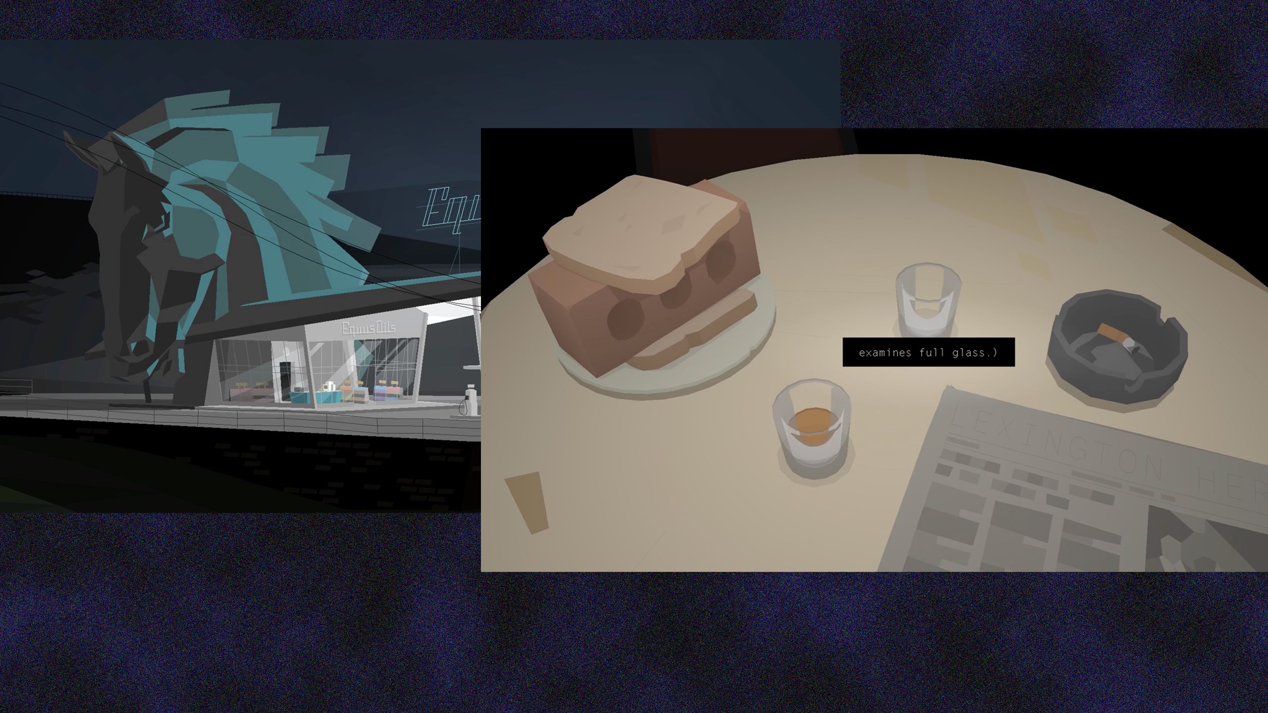 A video game still of a table with glasses, a newspaper, and an ashtray